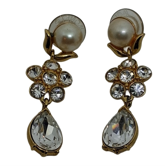 Vintage 1980s Monet Gold Tone Faux Pearl & Rhinestone Drop Earrings - Picture 3 of 5